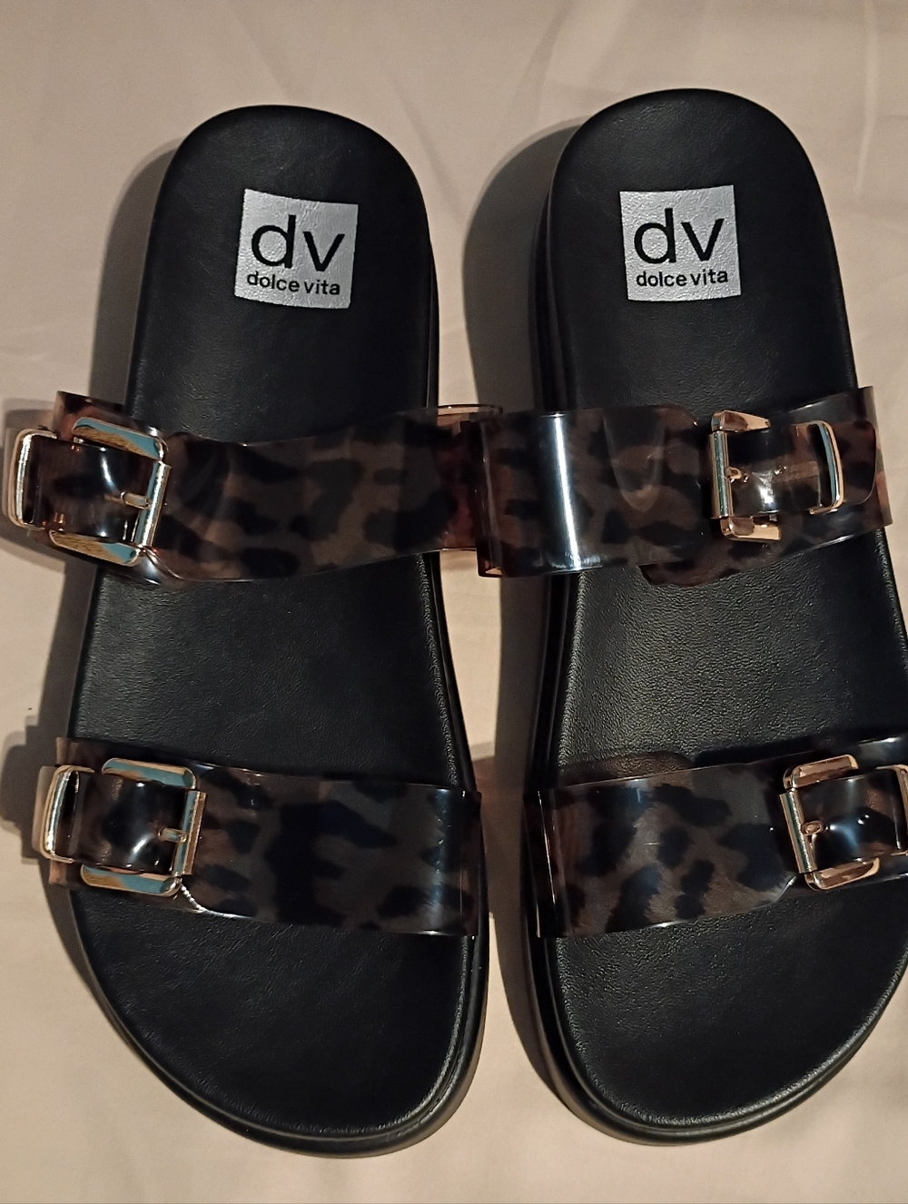 DV Dolce Vita Ubar Black & Leopard Clear Double-Buckle Slide Sandals -  Women 10 - Picture 2 of 7
